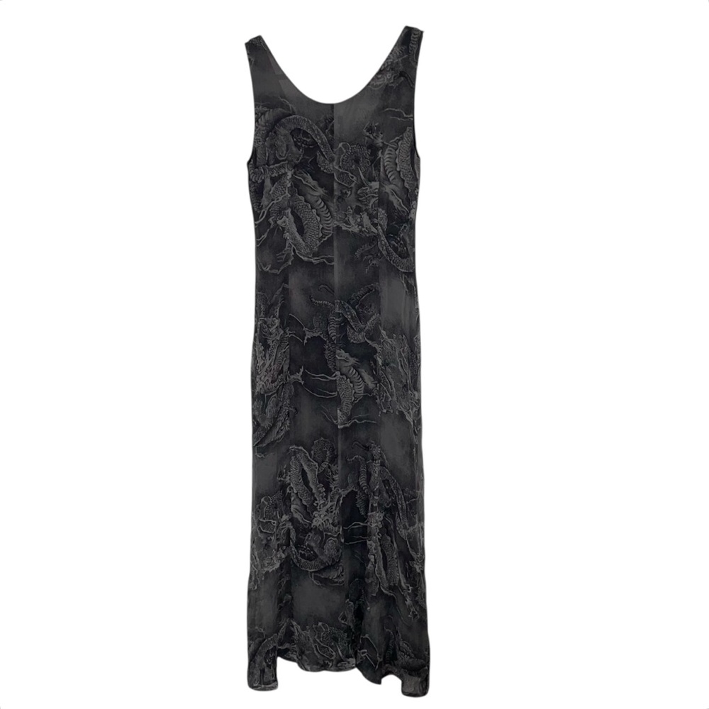 Vintage 1990s Kenzo 100 % silk dragon Black grey Sleeveless maxi Dress - Picture 4 of 6